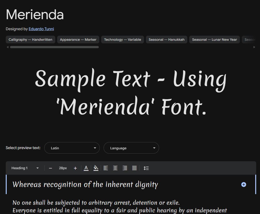 Image sample preview for text using Merienda font family