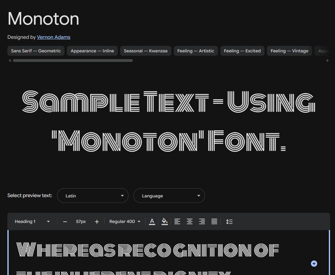 Image sample preview for text using Monoton font family