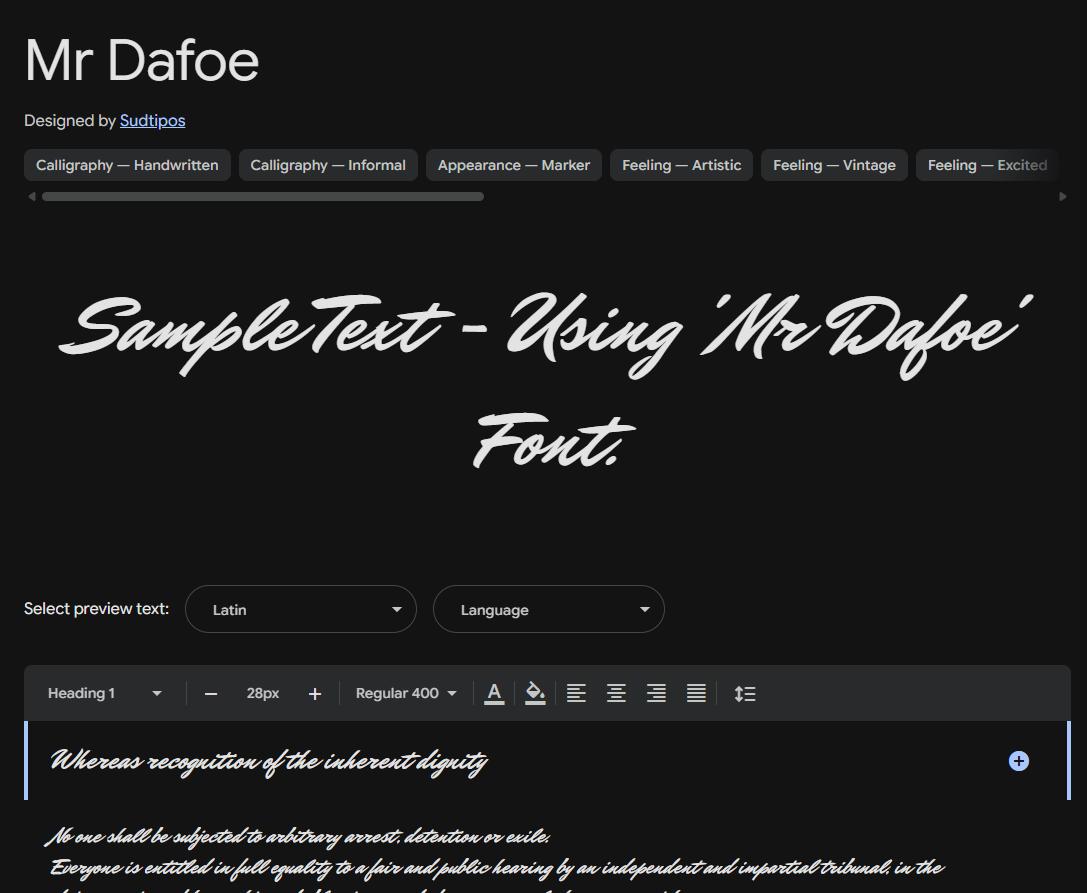 Image sample preview for text using Mr Dafoe font family