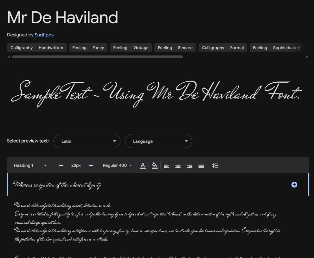 Image sample preview for text using Mr De Haviland font family