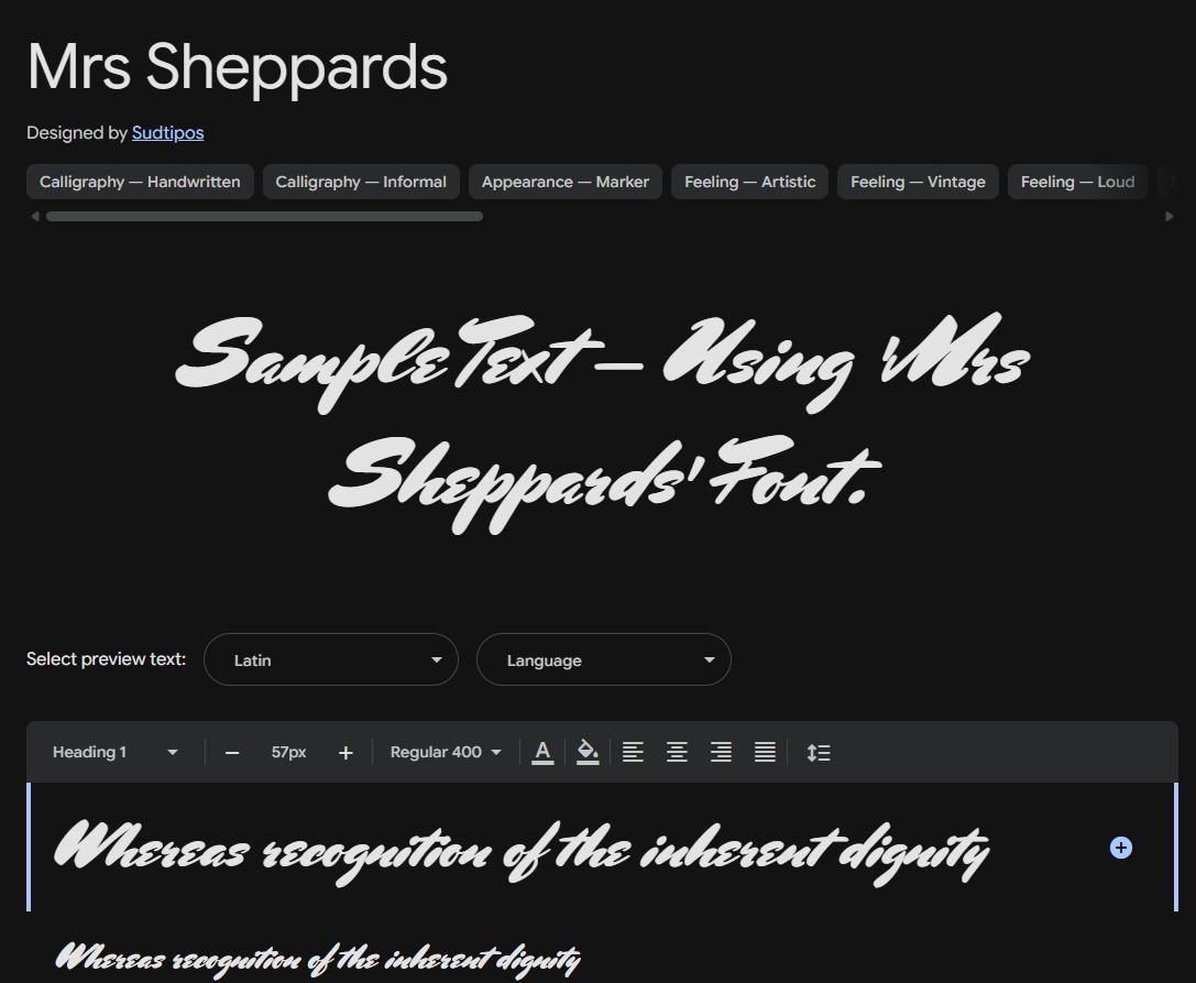 Image sample preview for text using Mrs Sheppards font family