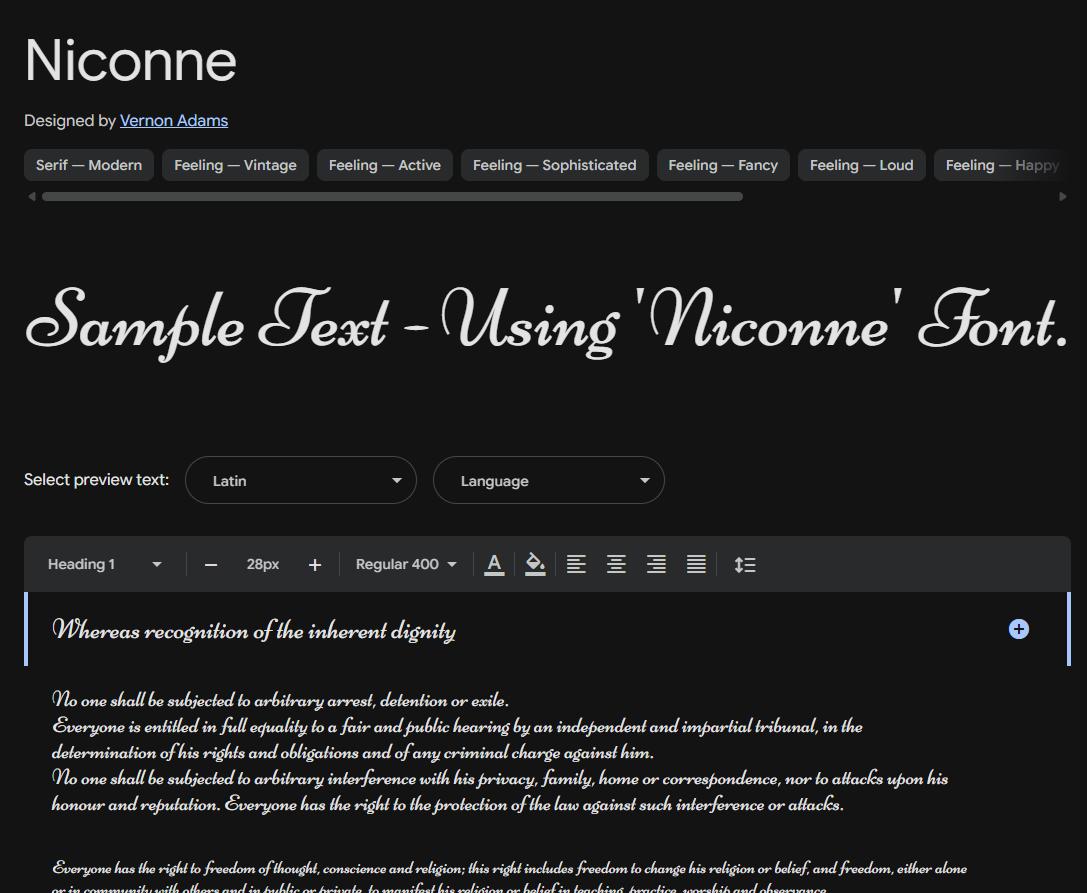 Image sample preview for text using Niconne font family