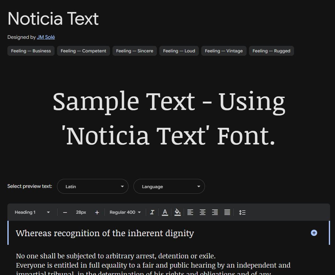 Image sample preview for text using Noticia Text font family