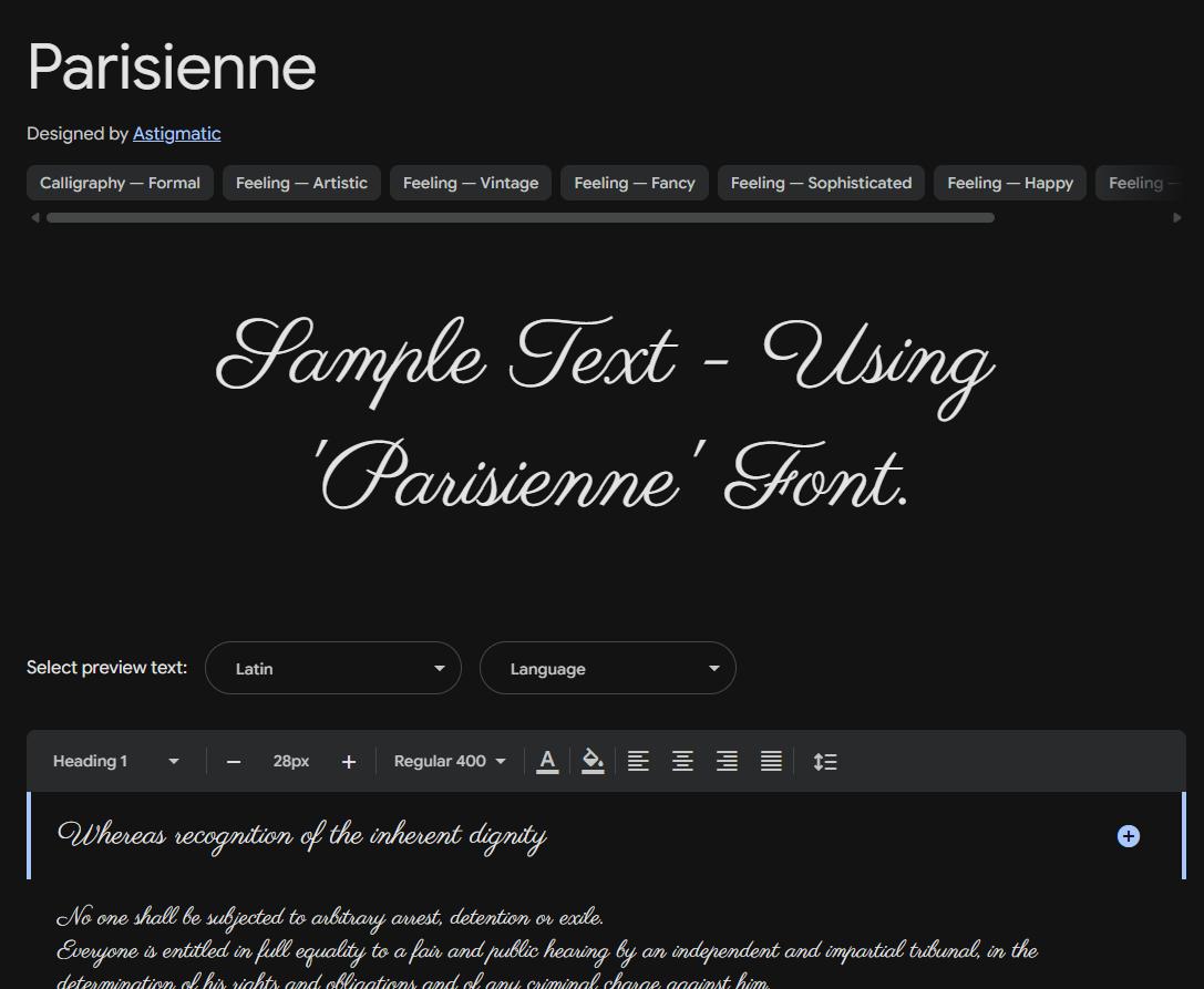 Image sample preview for text using Parisienne font family