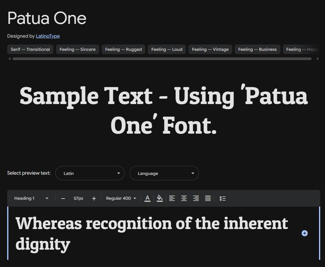 Image sample preview for text using Patua One font family