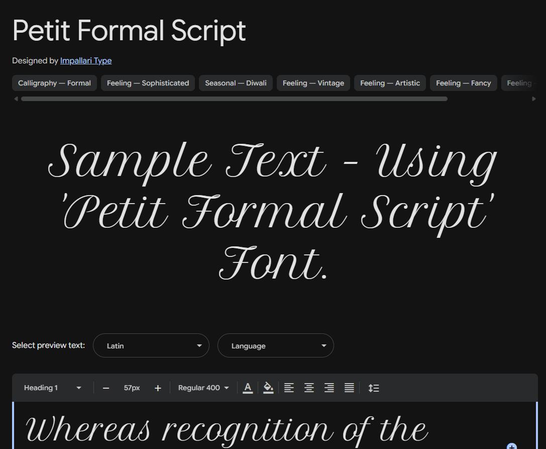 Image sample preview for text using Petit Formal Script font family