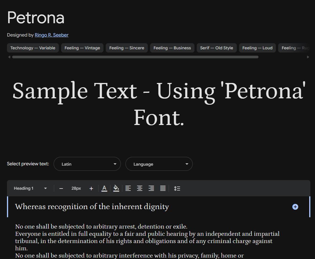 Image sample preview for text using Petrona font family