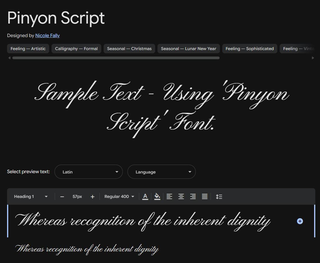 Image sample preview for text using Pinyon Script font family