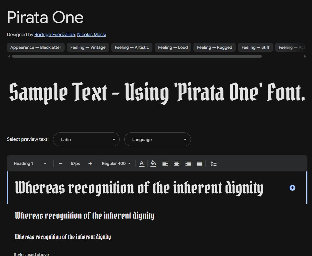 Image sample preview for text using Pirata One font family