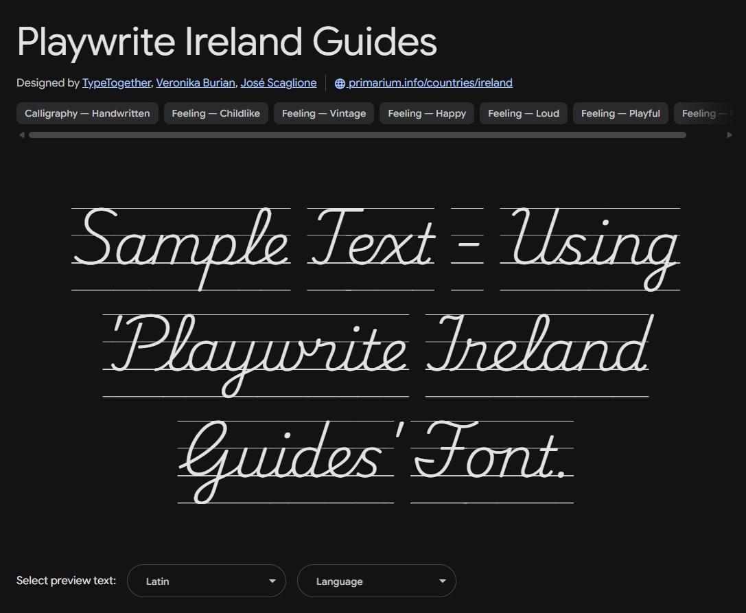 Image sample preview for text using Playwrite Ireland Guides font family