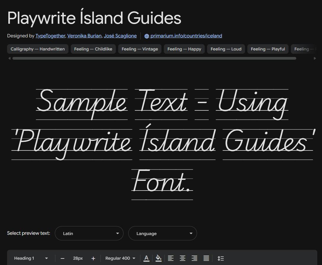 Image sample preview for text using Playwrite Ísland Guides font family