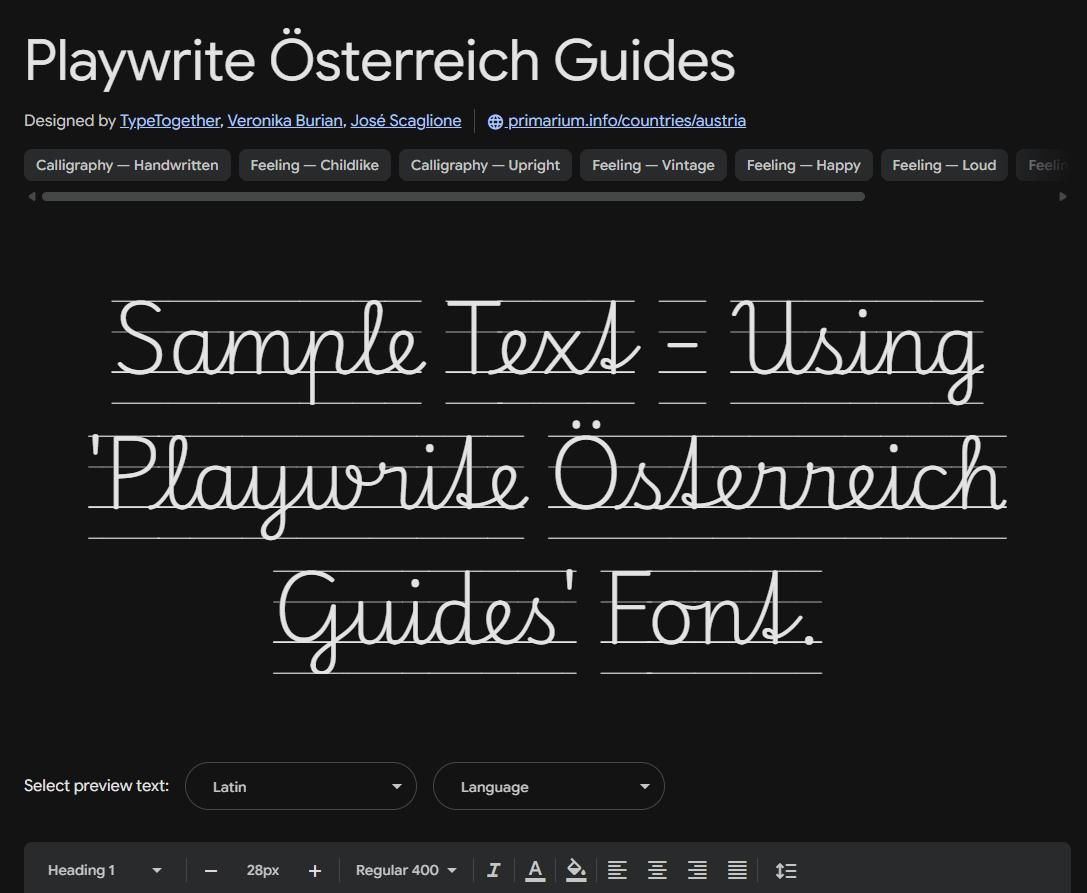 Image sample preview for text using Playwrite Österreich Guides font family