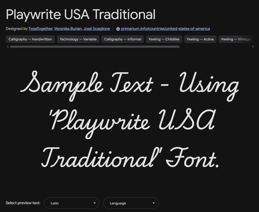 Image sample preview for text using Playwrite USA Traditional font family