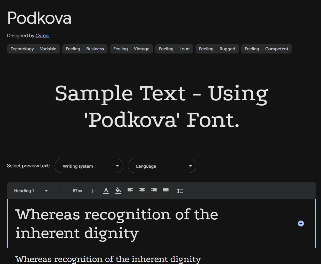 Image sample preview for text using Podkova font family