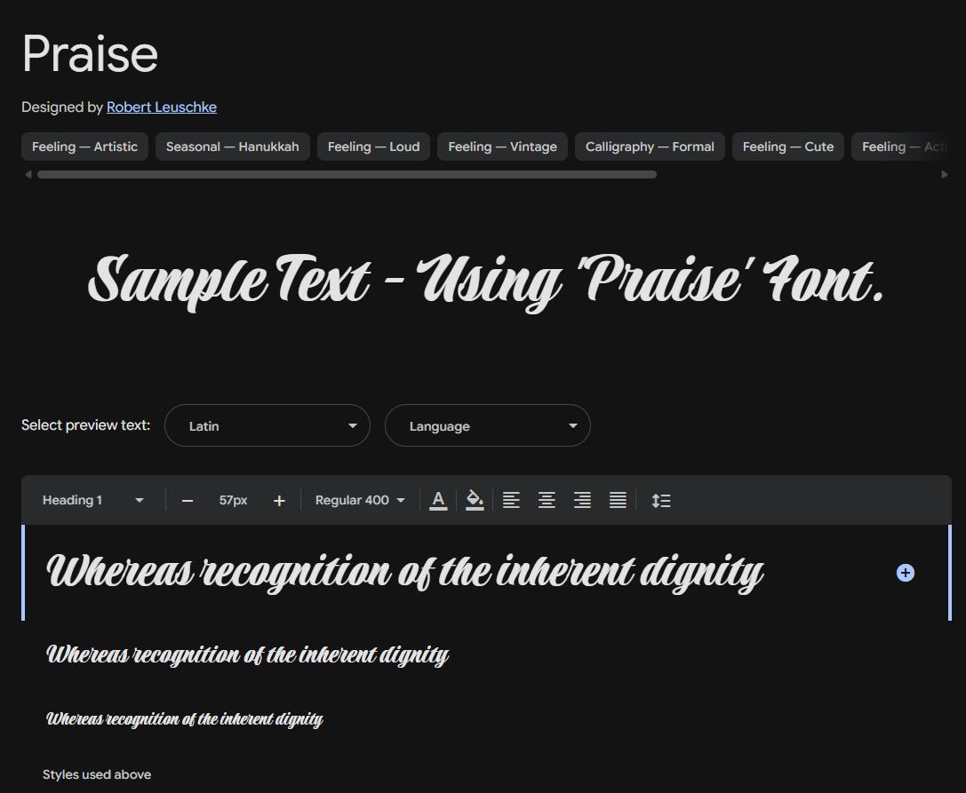 Image sample preview for text using Praise font family