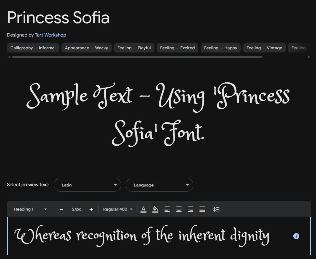 Image sample preview for text using Princess Sofia font family