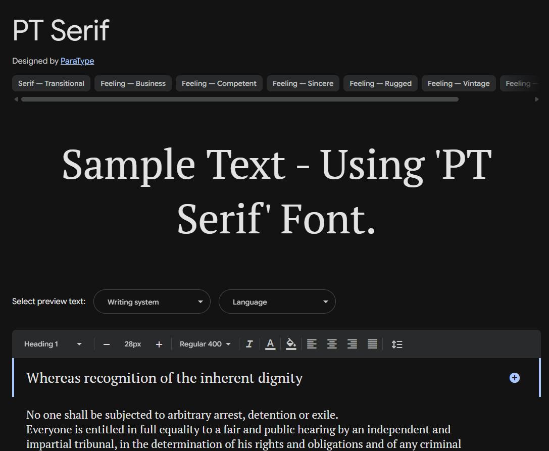 Image sample preview for text using PT Serif font family