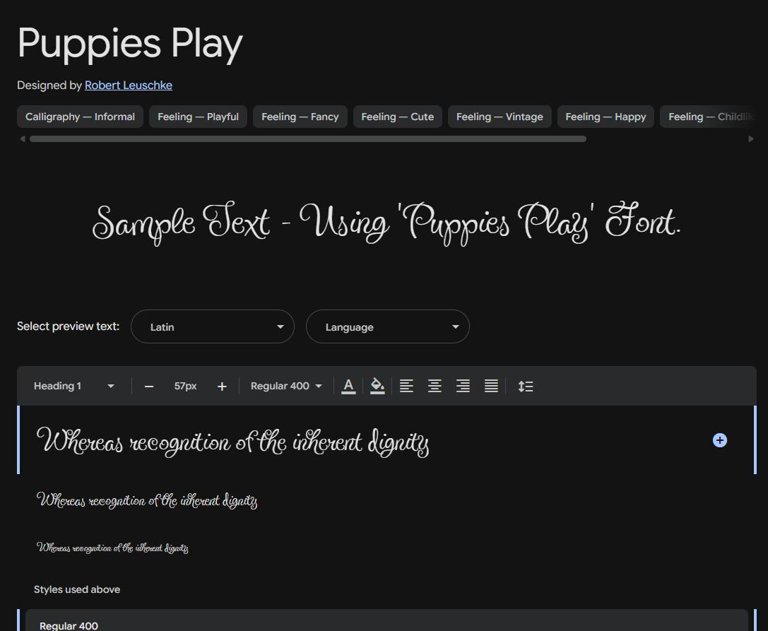 Image sample preview for text using Puppies Play font family