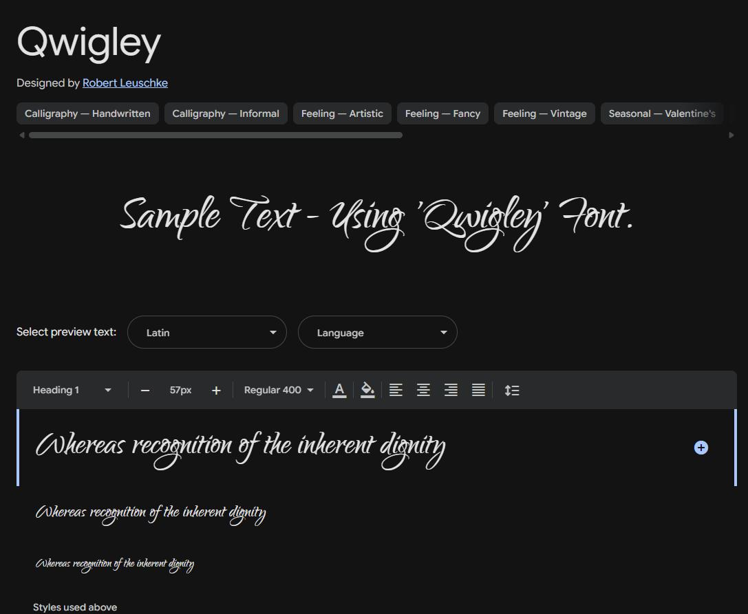 Image sample preview for text using Qwigley font family