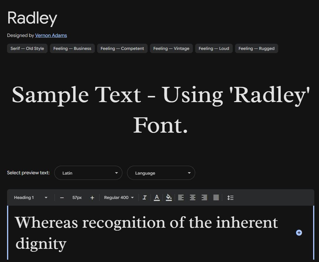 Image sample preview for text using Radley font family