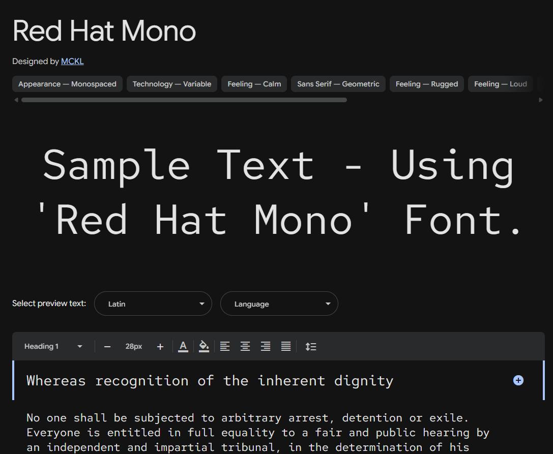 Image sample preview for text using Red Hat Mono font family