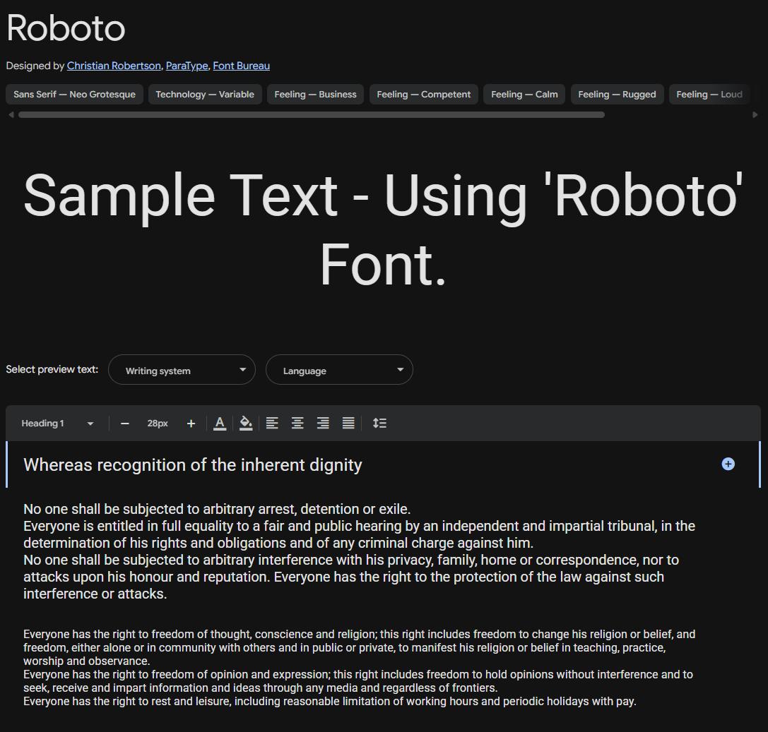 Image sample preview for text using Roboto font family