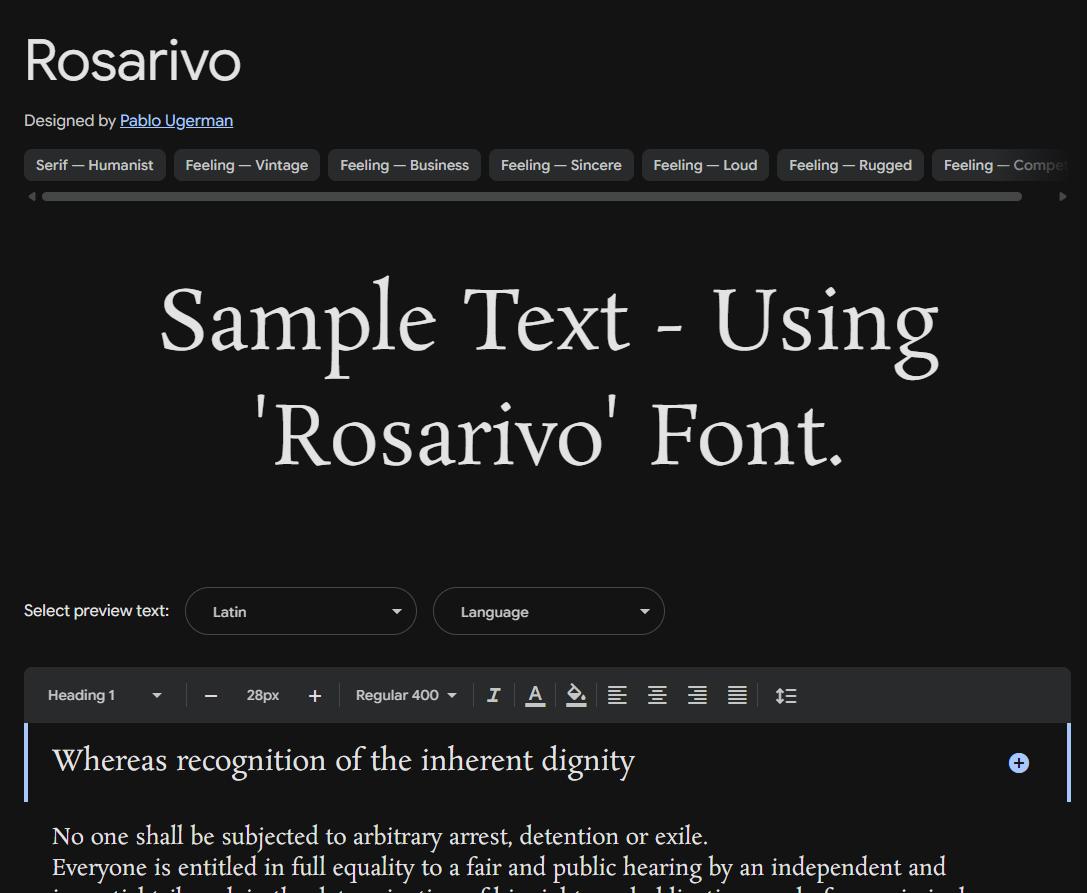 Image sample preview for text using Rosarivo font family