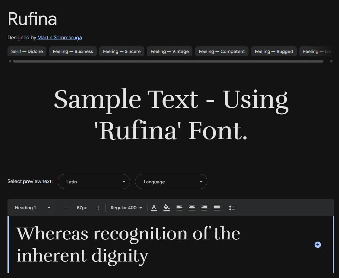Image sample preview for text using Rufina font family