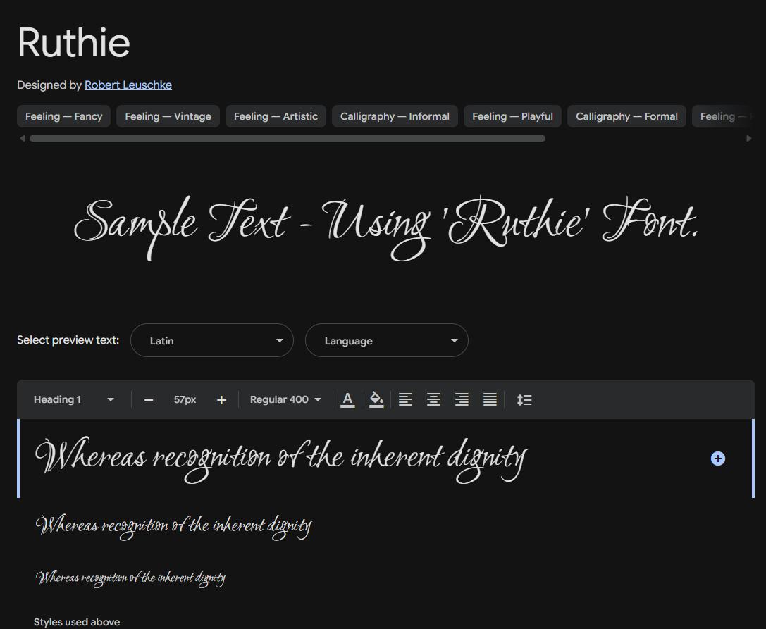 Image sample preview for text using Ruthie font family