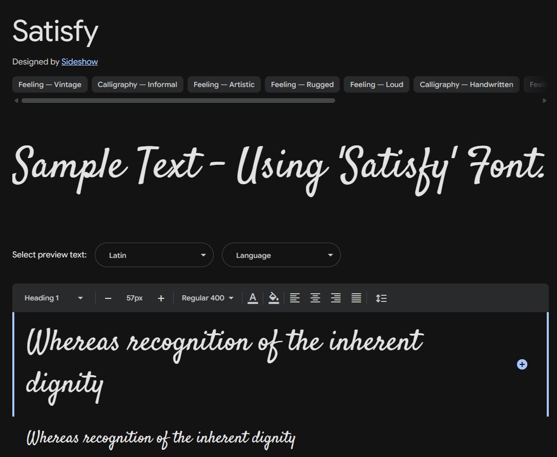 Image sample preview for text using Satisfy font family