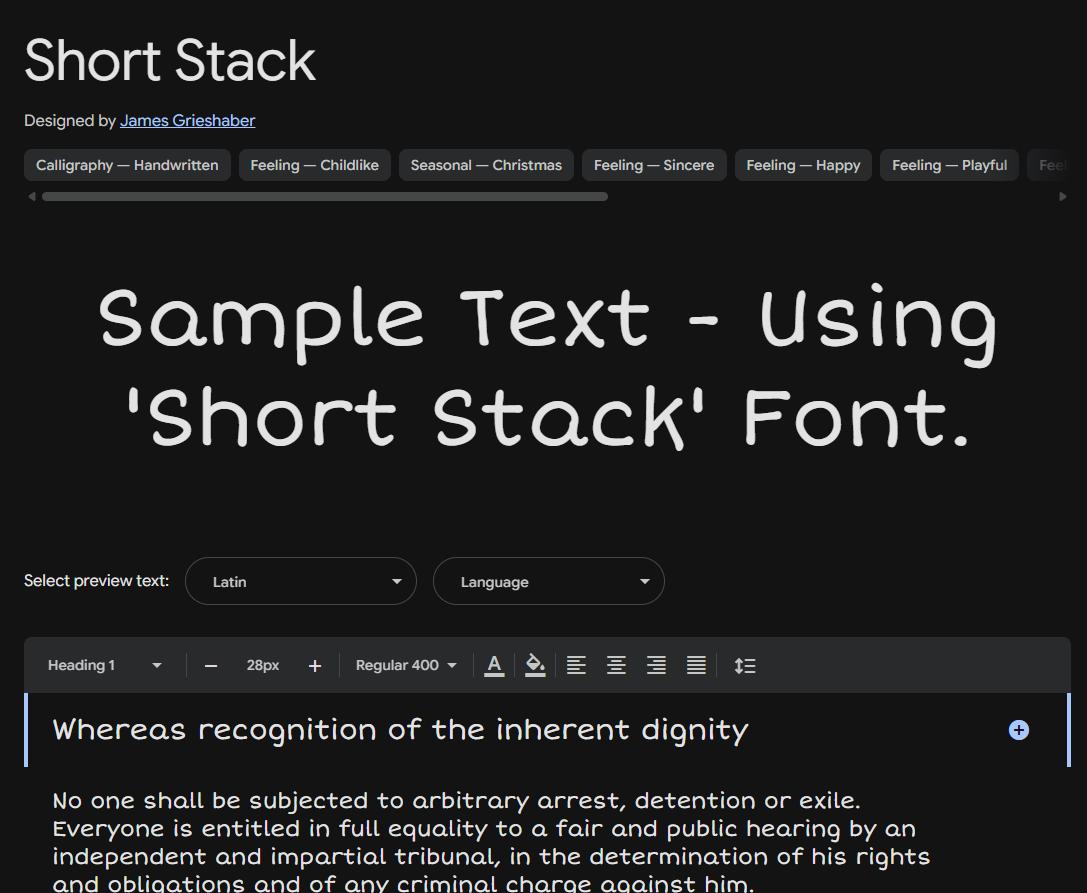 Image sample preview for text using Short Stack font family