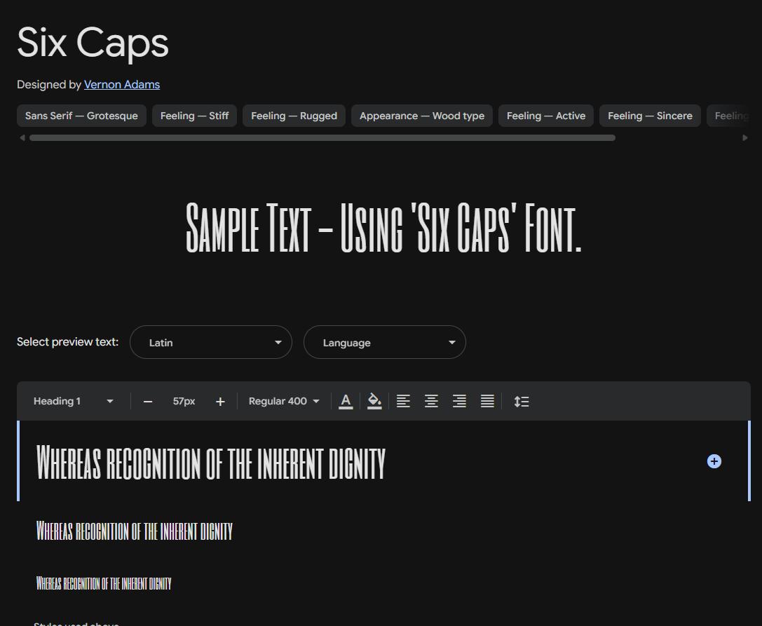 Image sample preview for text using Six Caps font family