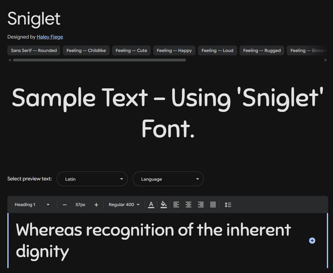 Image sample preview for text using Sniglet font family