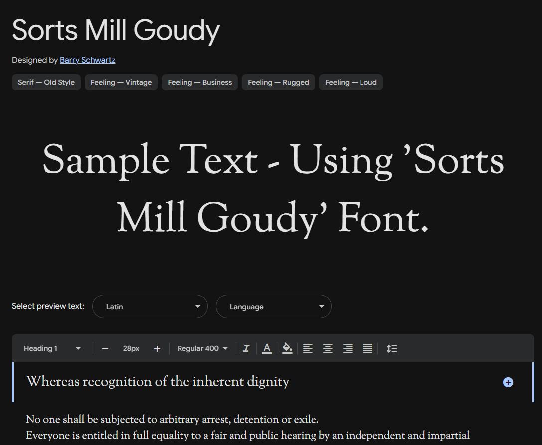 Image sample preview for text using Sorts Mill Goudy font family