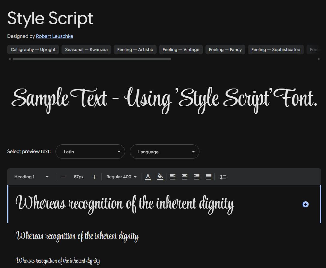 Image sample preview for text using Style Script font family