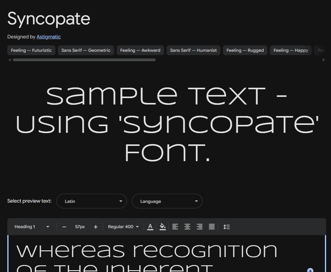 Image sample preview for text using Syncopate font family