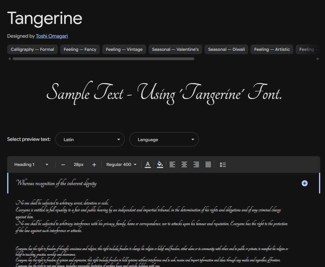 Image sample preview for text using Tangerine font family