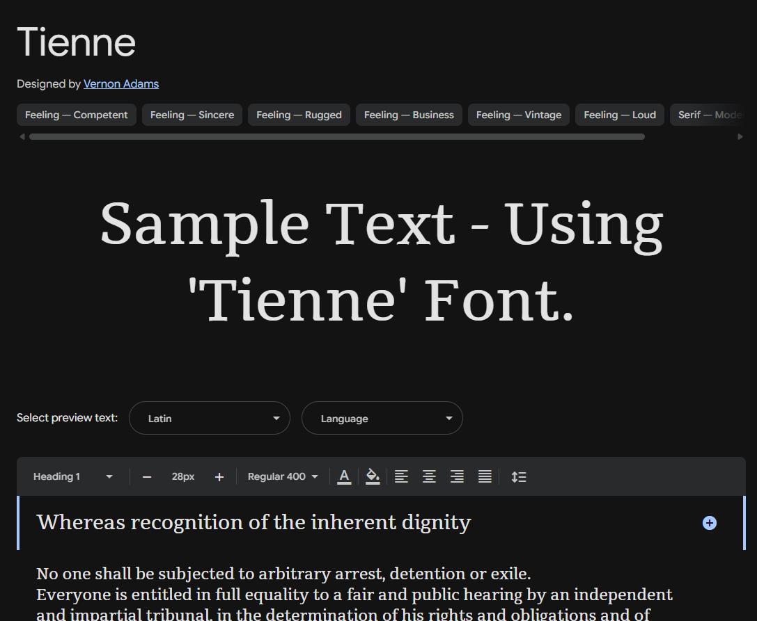 Image sample preview for text using Tienne font family