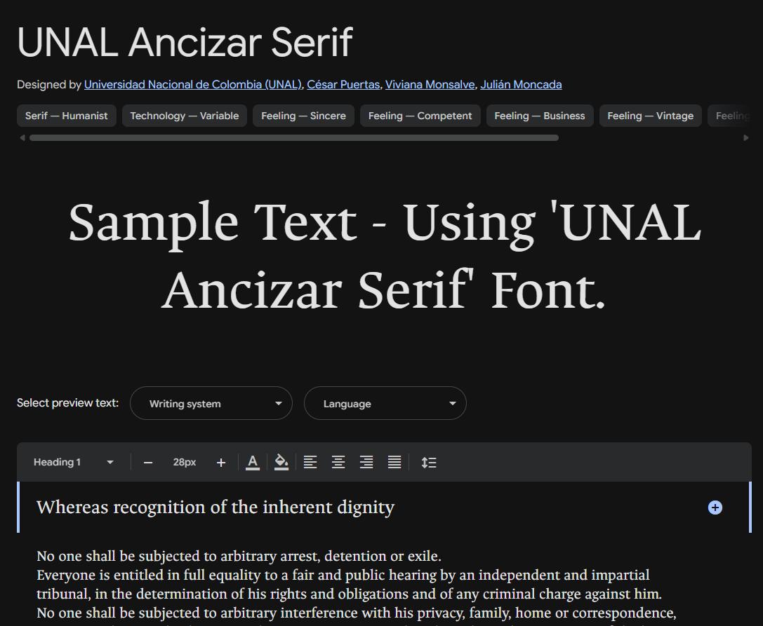 Image sample preview for text using UNAL Ancizar Serif font family