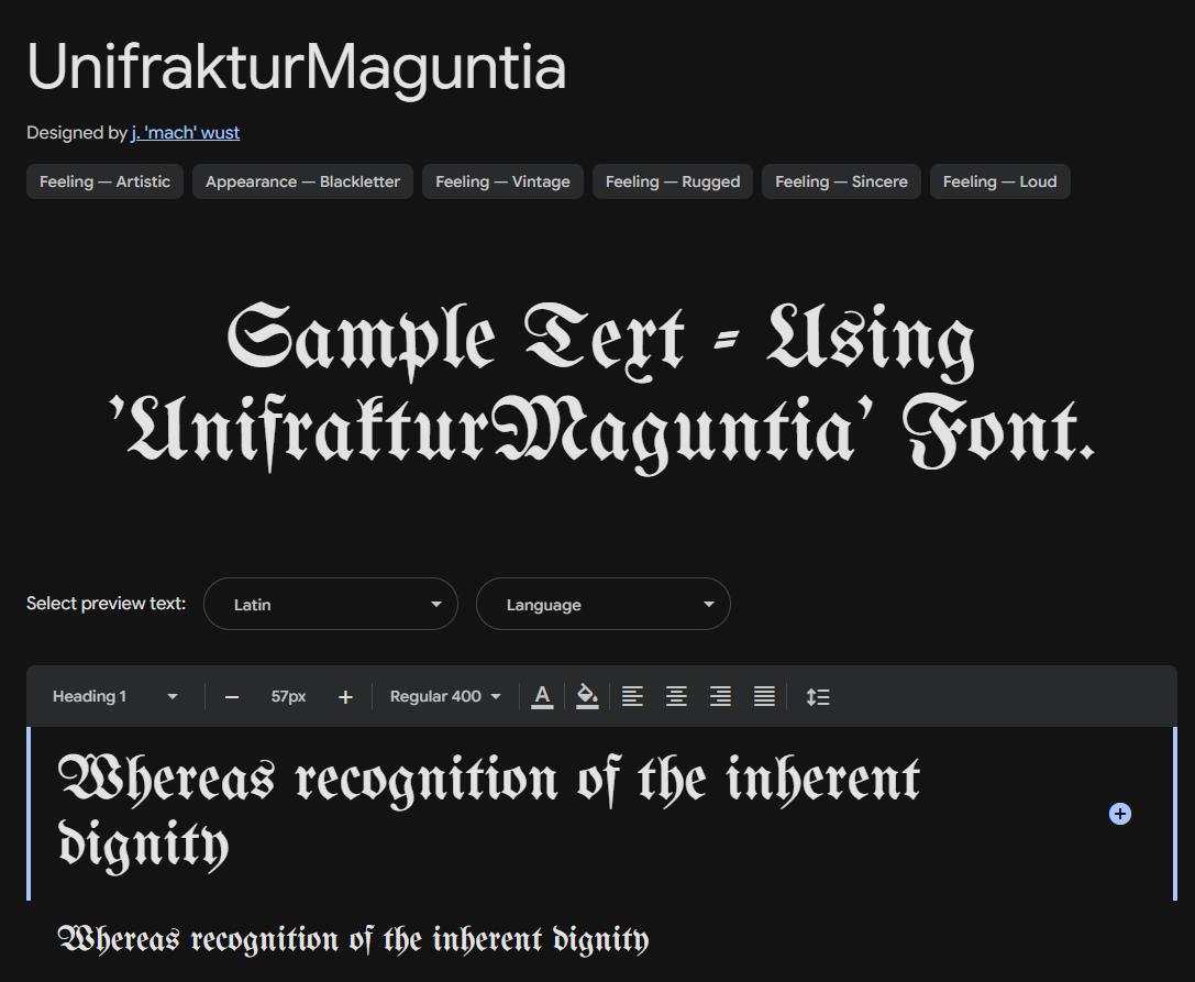 Image sample preview for text using UnifrakturMaguntia font family