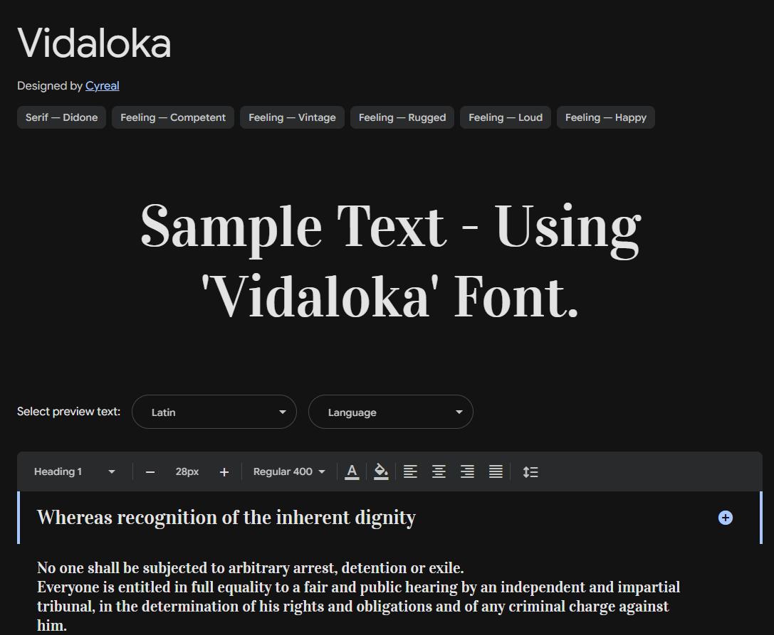 Image sample preview for text using Vidaloka font family