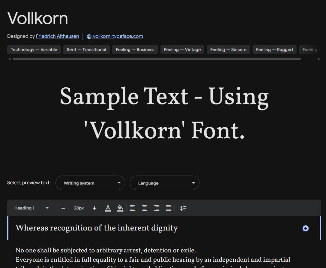 Image sample preview for text using Vollkorn font family