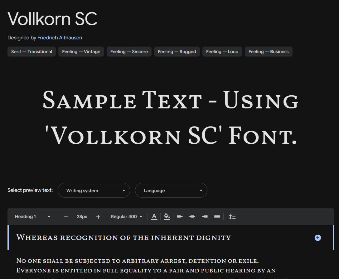 Image sample preview for text using Vollkorn SC font family