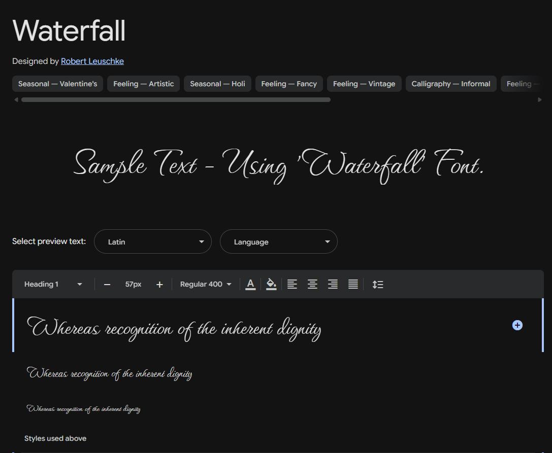 Image sample preview for text using Waterfall font family