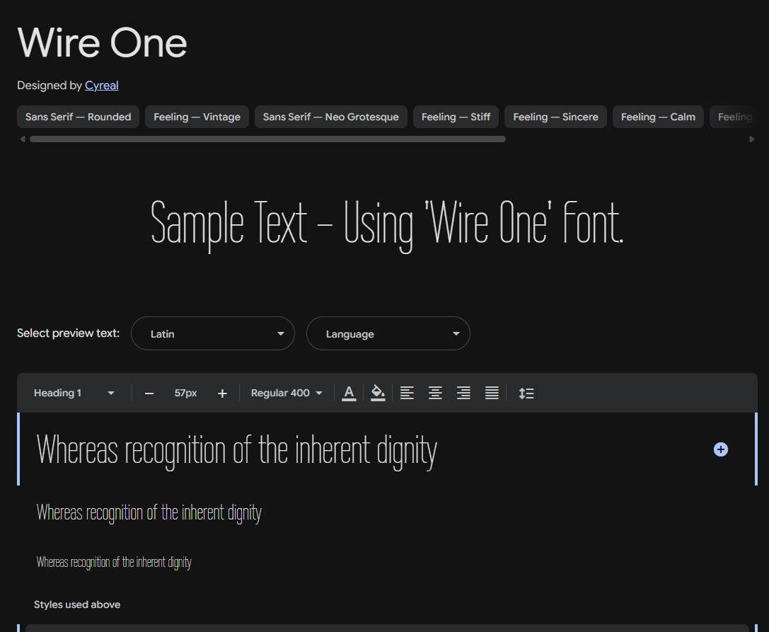 Image sample preview for text using Wire One font family
