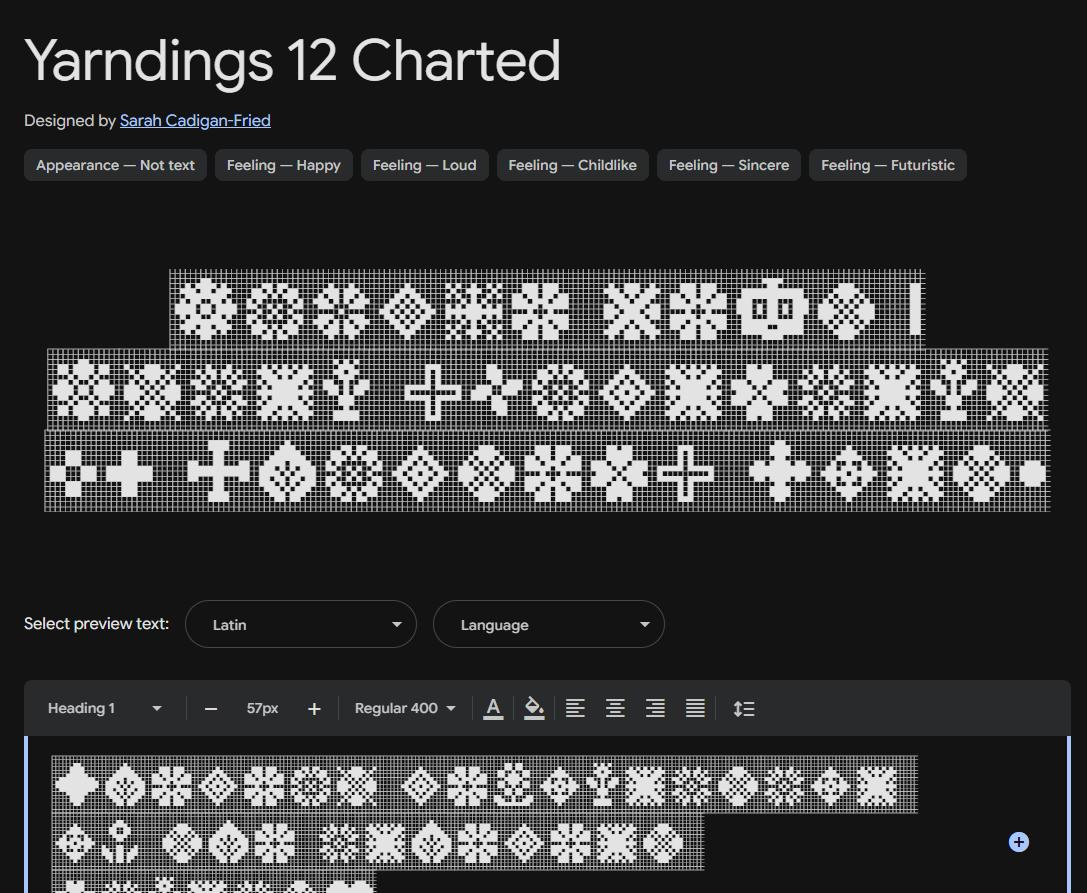 Image sample preview for text using Yarndings 12 Charted font family