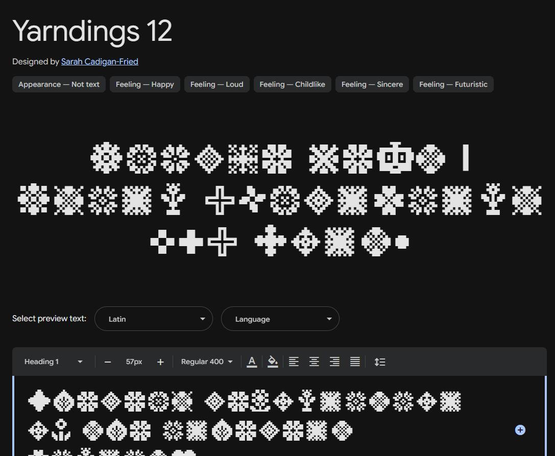 Image sample preview for text using Yarndings 12 font family