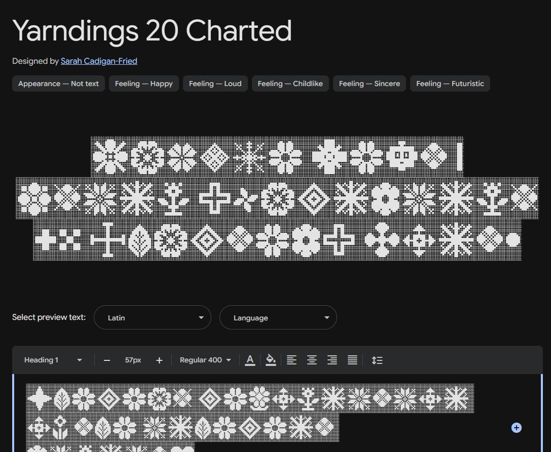 Image sample preview for text using Yarndings 20 Charted font family