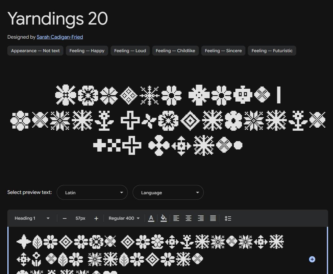 Image sample preview for text using Yarndings 20 font family