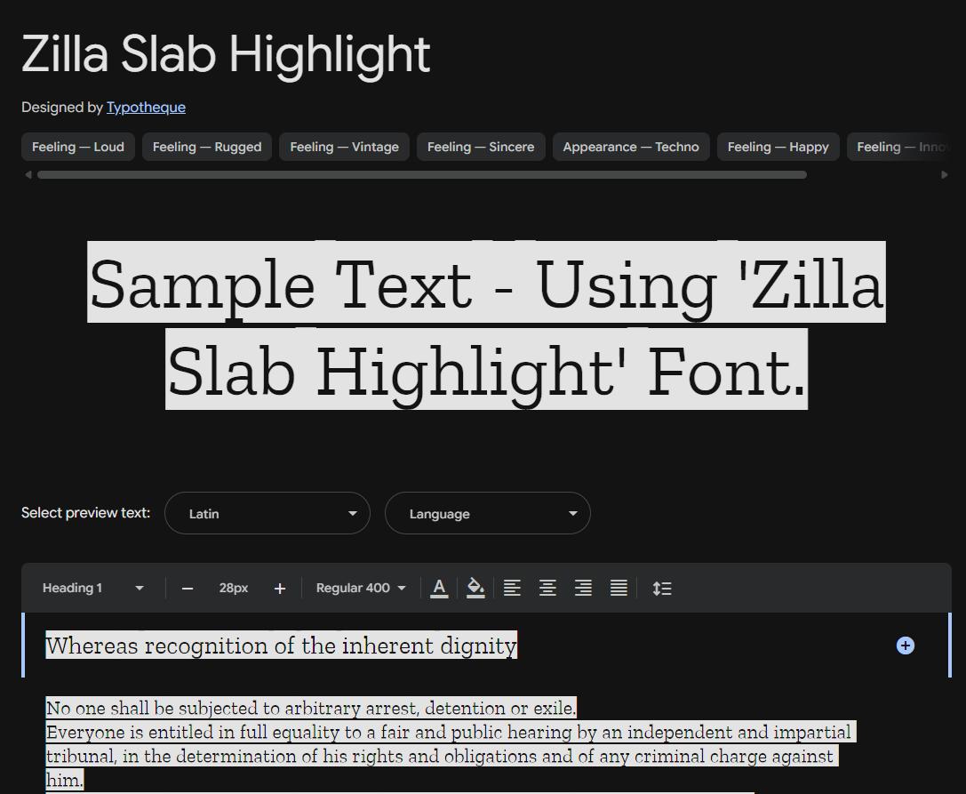 Image sample preview for text using Zilla Slab Highlight font family